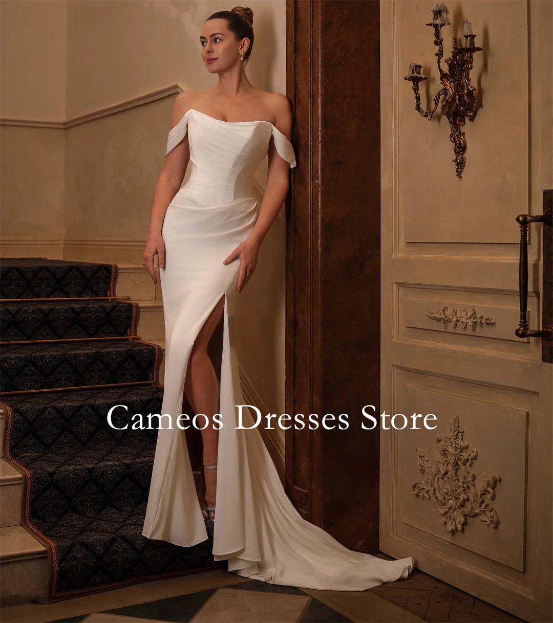 

SONDR Customized Off the Shoulder Satin Zipped Mermaid Wedding Dresses Side Slit Korea Brides Gowns Women Bridal Dresses
