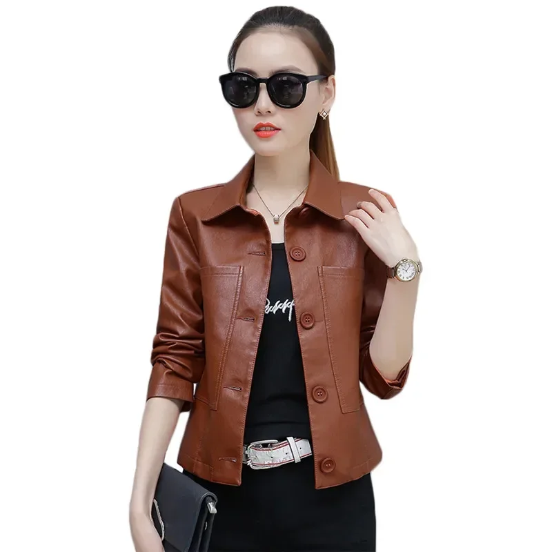 Leather Jacket Women Caramel 3XL 4XL Plus Size Short Slim PU Coat 2024 New Spring Autumn Korean Fashion Chic Moto Clothing