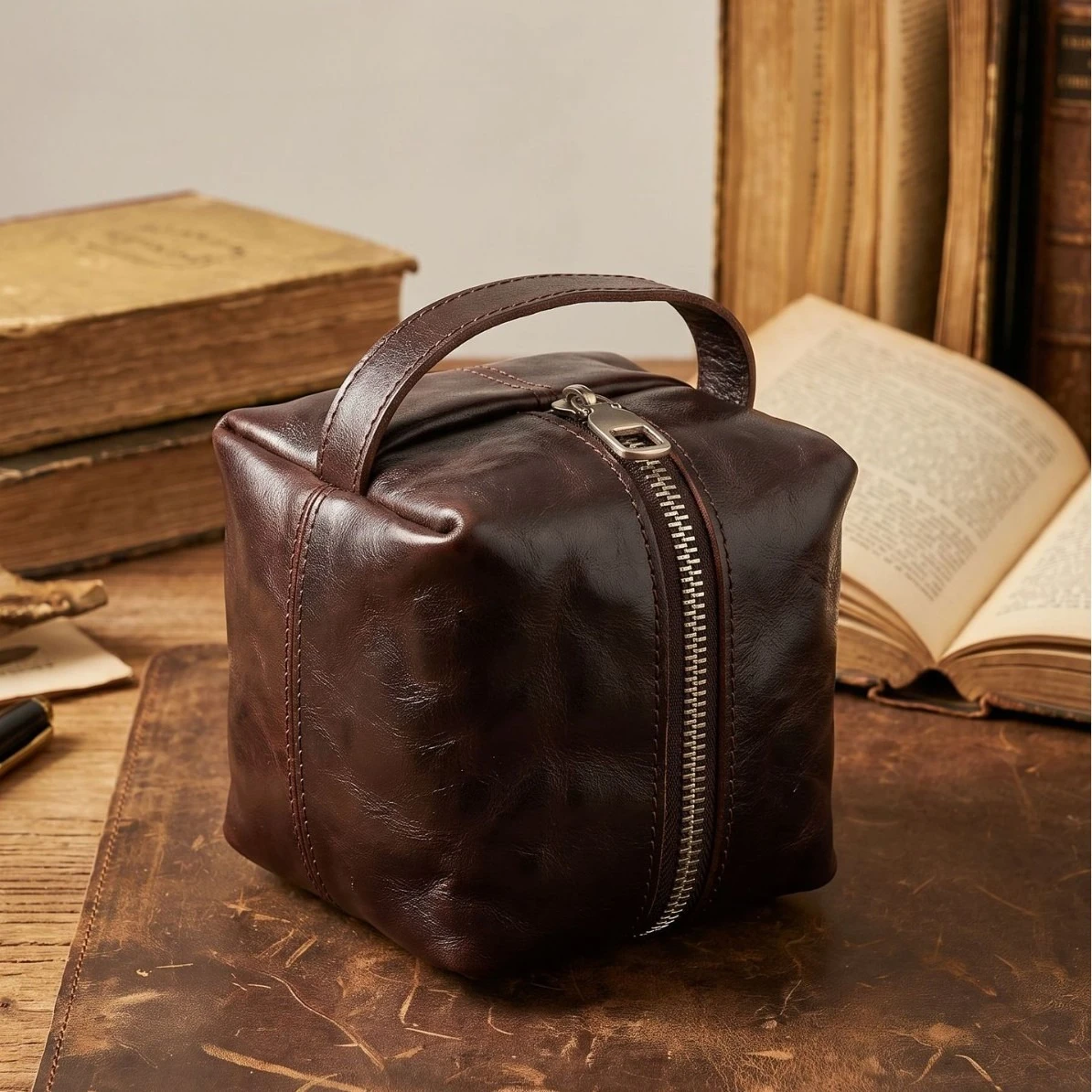 Genuine Leather Square Storage Coin Pouch with Handle, Zipper Coin Purse, Vintage Full Grain Leather Small Carry Chnage Bag