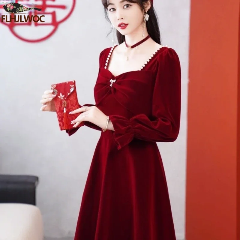 Joligiao Robes de Soirée élégantes pour Mariage Robe en Velours d'hiver Femme col V Robe de fête Longue Femme Cocktail en Velours Robes Mode et Loisirs Noël Vacances