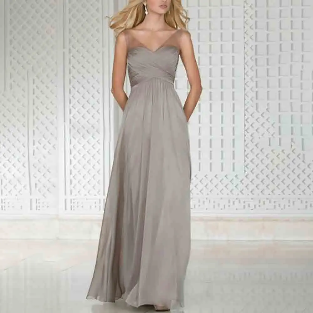 A-Line Tulle V-Neck Sleeveless Illusion Straps Pleats Bridesmaid Dress