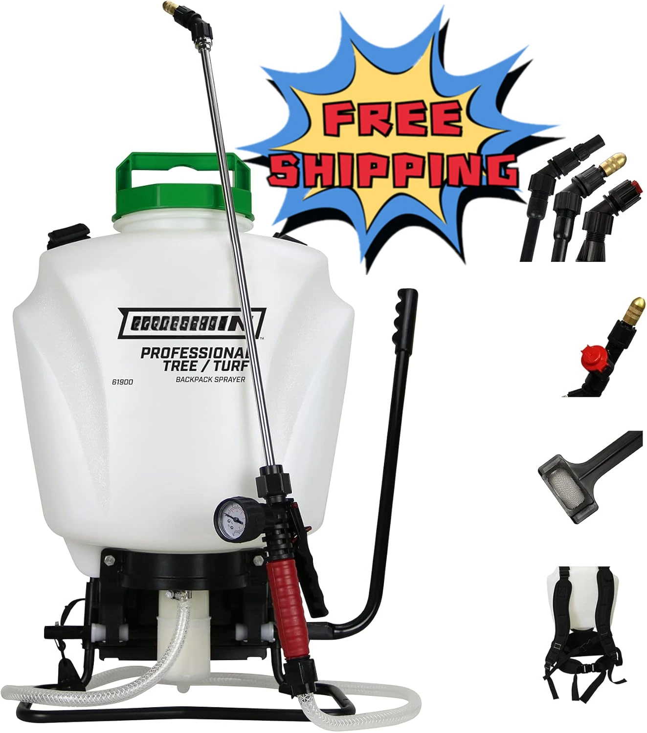 4 Gallon Tree and Turf Pro Commercial Backpack Sprayer W/ Stainless Steel Wand, 3 Nozzles, 3 Stage Filtration,Translucent White