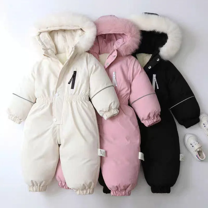 -30℃ Baby Winter Thick Jumpsuits Kids Padded Plus Velvet Bodysuit Girls Boys Warm Hooded Overalls Children Rompers Clothing