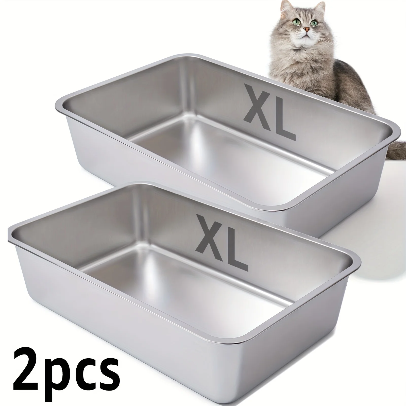 

2pcs Stainless Steel Cat Litter Box, 6" Deep Stainless Steel Extra Large Cat Litter Box, XL Metal Litter Box for Big Cats, Easy to Clean, Large Cat Litter Box, 6" High Side Cat Litter Box