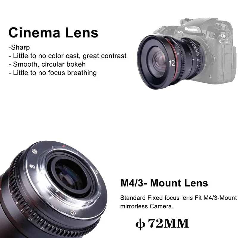 Rises pray 12mm t 1,6 große Blende manueller Fokus 4k Mini-Cine-Linse mit geringer Verzerrung für Panasonic Micro vier Drittel m4/3 mft – Detail 16