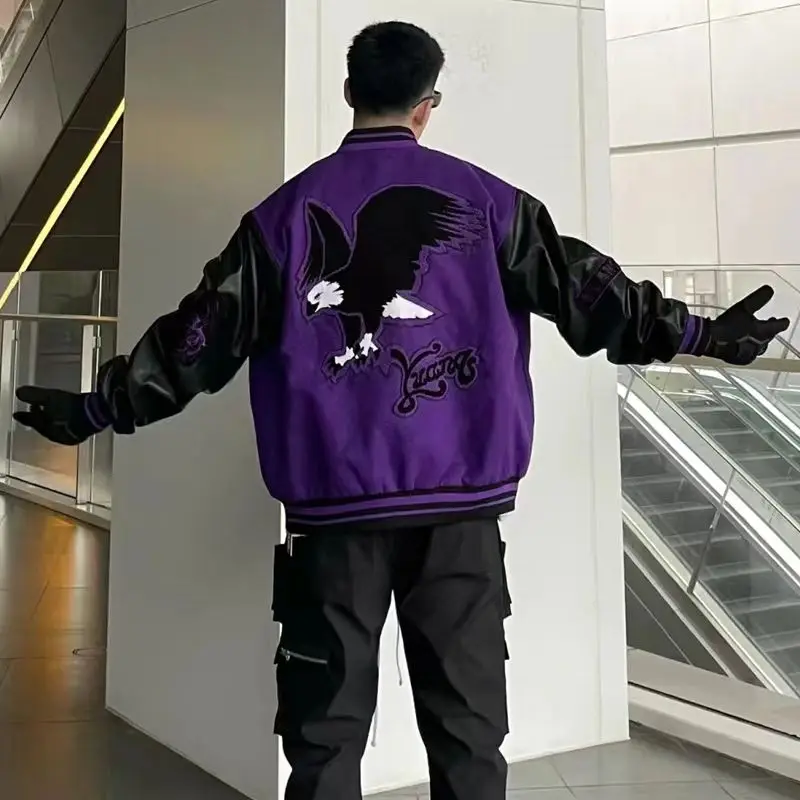 VIntage Varsity Jacket Men Purple Baseball Jackets Embroidery PU Faux Leather Sleeves Spring Autumn Women Bomber Coat