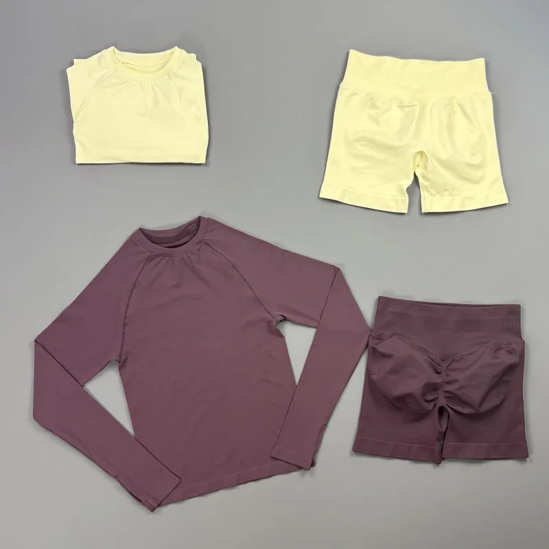 2 Piece Seamless Fitness Set Women Sports Long Sleeve Top Scrunch Butt Slim Yoga Shorts Suit Gym Running Training Tracksuit