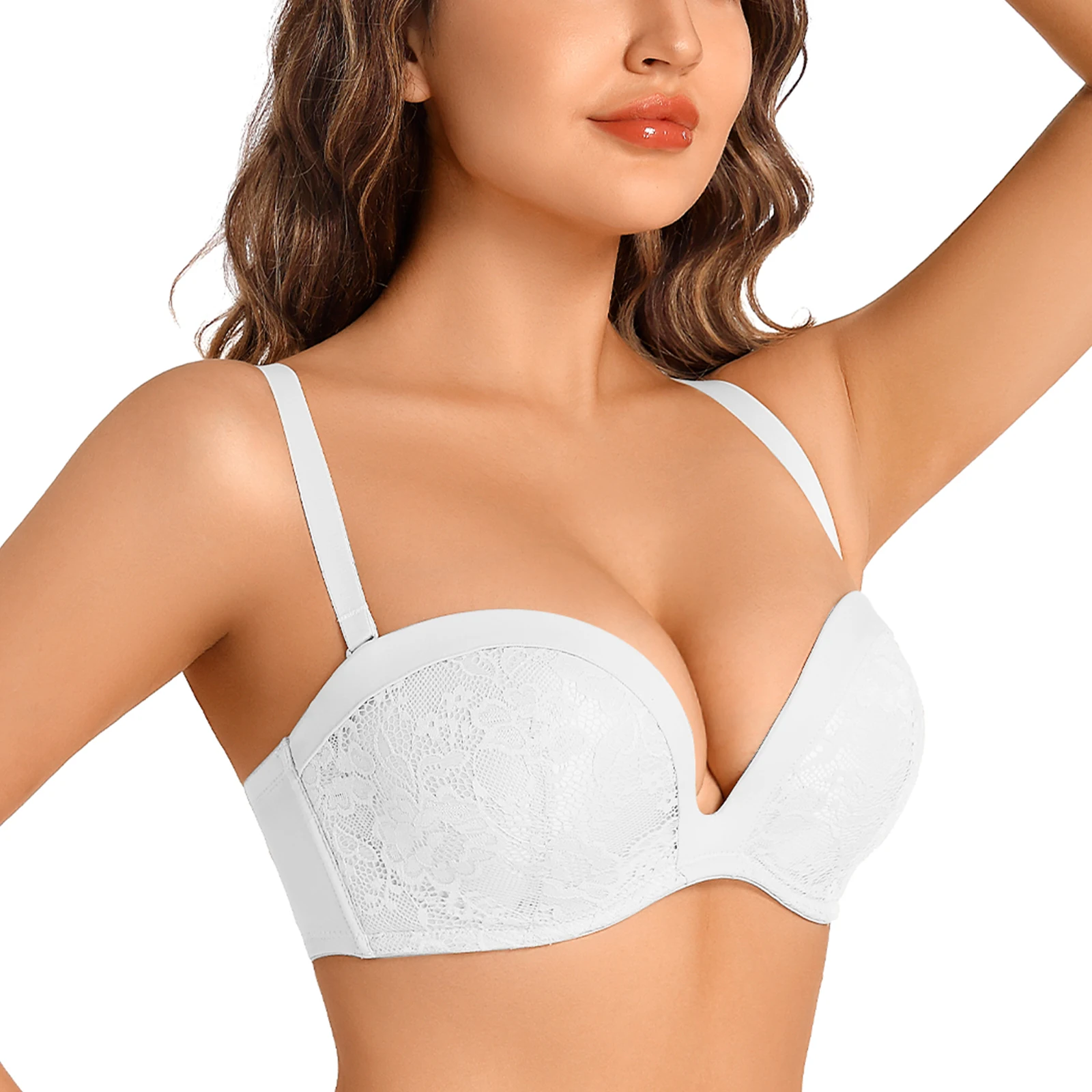 YANDW New Women Push Up Bras Lace Bralette Embroidery Thick Padded Adjusted Strapless Bra Wedding Padded Underwire Anti-slip Cup