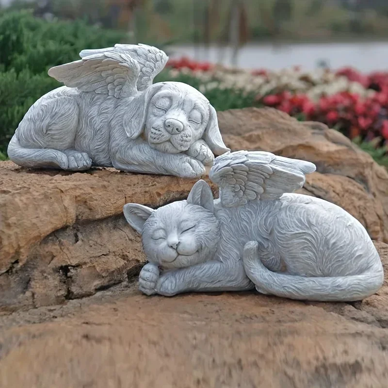 Angel Dog and Cat Memorial Stone Statue Pet Memorial Stone Memorial Tombstone Garden Decoration Resin Sculpture Ornament