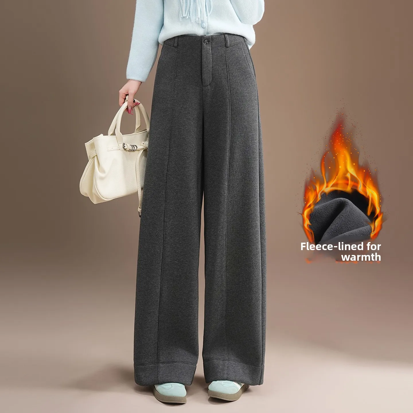 

High Waist Slim Fit Fleece Wide Leg Suit Pants Women Casual Cotton Blend Straight Cut Floor Length Trousers Winter New Arrival