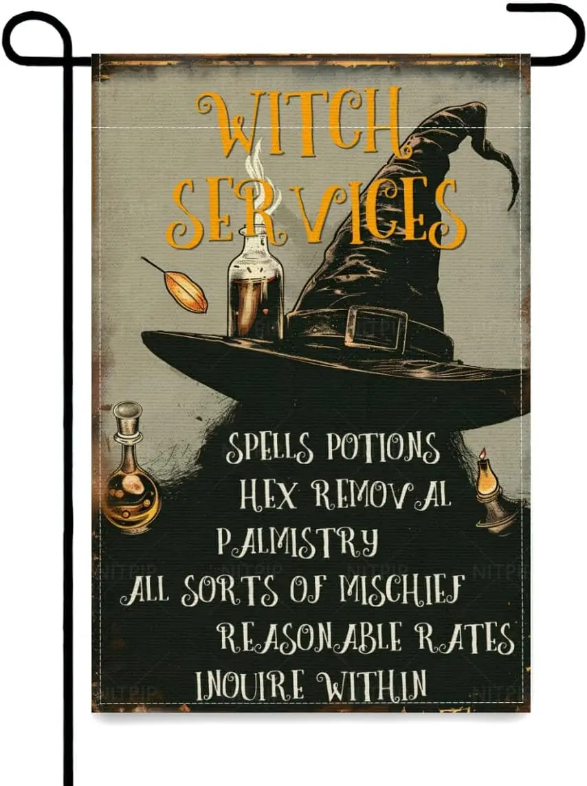 Halloween Garden Flag 12x18 Inch Double Sided Burlap Witch Service Horror Garden Flag Holiday Yard Decoration AAO