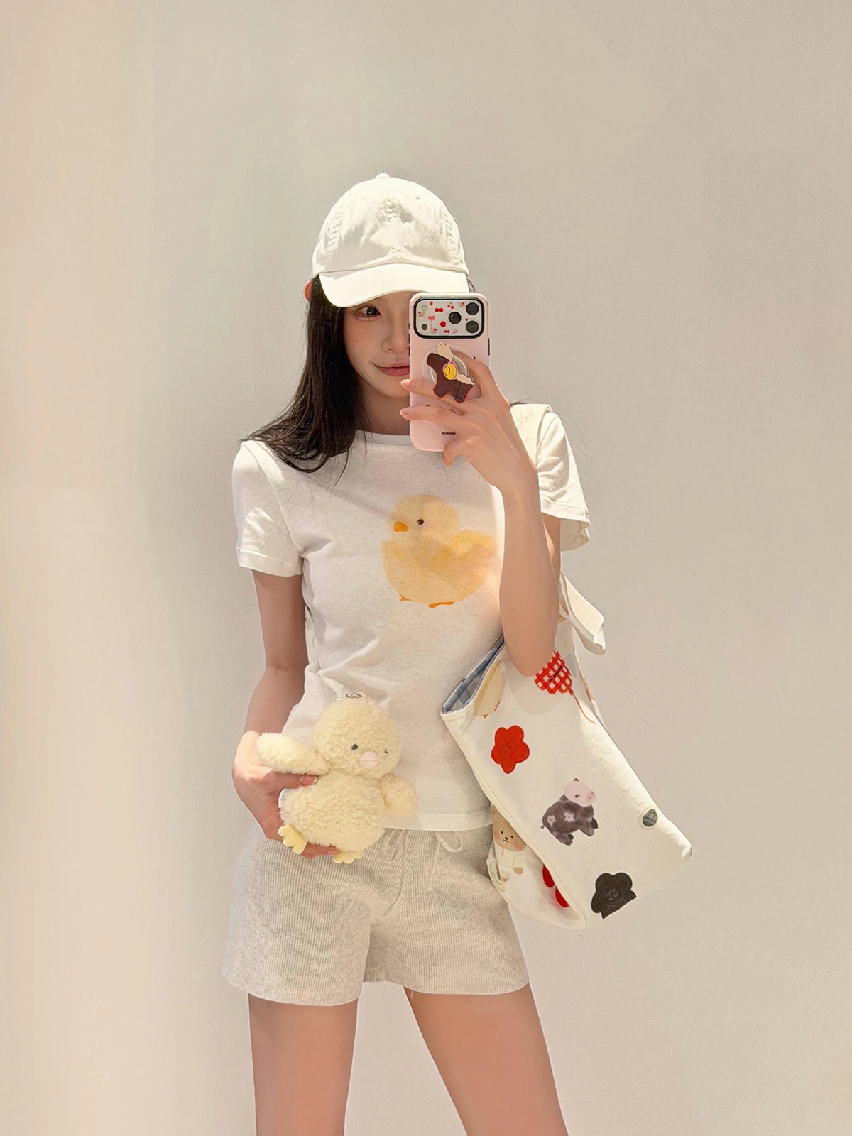 Sakura Plum Blossom Cream Yellow Chicken Print Semi-Transparent Snowflake Cotton Short Sleeve T-Shirt Women's Slim Fit Summer...