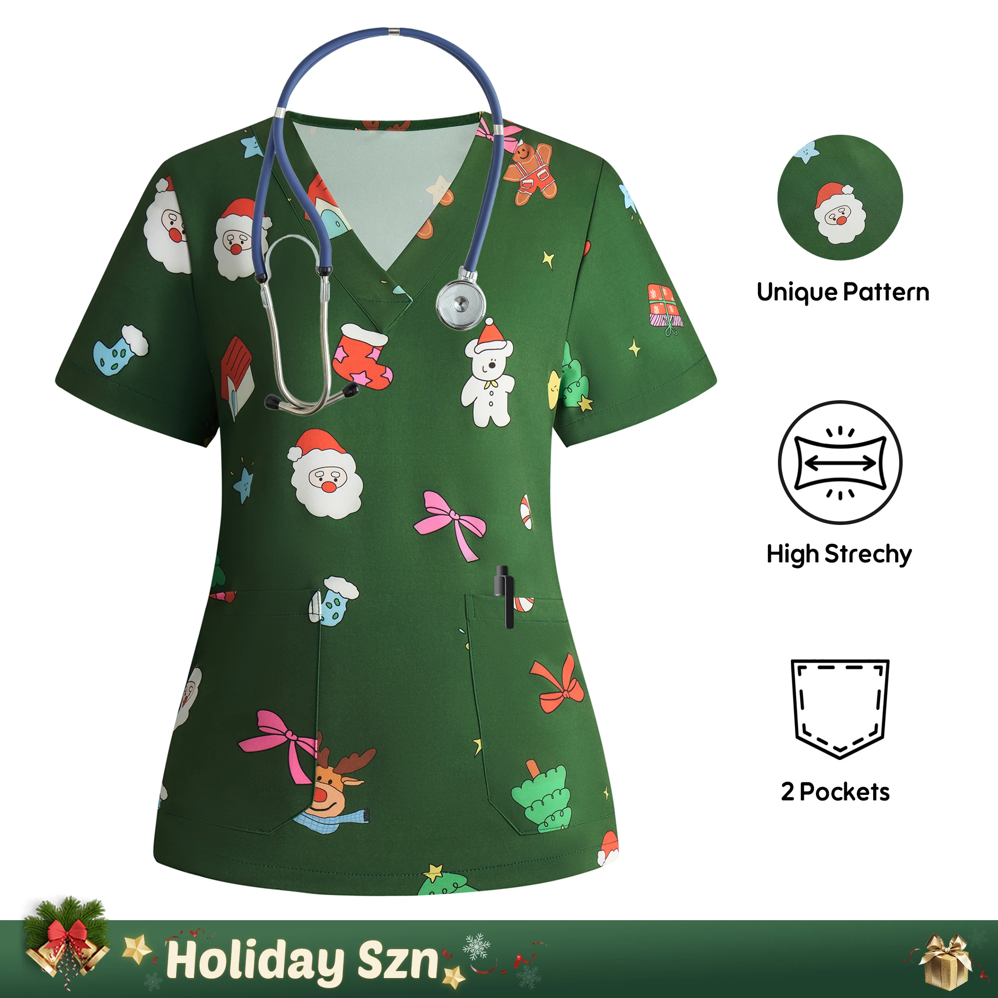 

【Christmas】Women Scrub Top Clothes Holiday Green Santa Claus Bear Gingerbread Man Print Nurse Surgical Cartoon Uniform