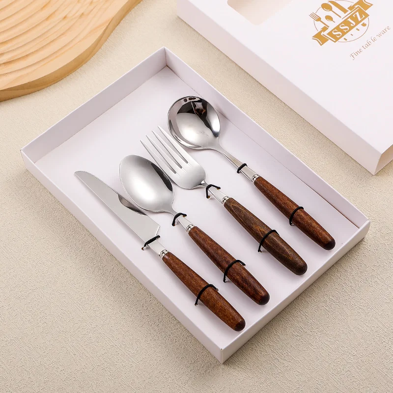 

304 Stainless Steel Cutlery 4-piece Vintage Walnut Home Western Cutlery Steak Cutlery Gift Box with Kitchen Tools Dinnerware Set