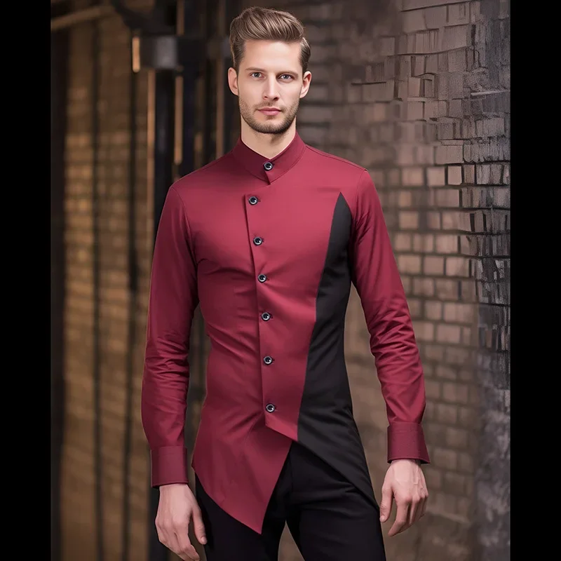 

Autumn and Winter New Long Sleeved Shirt Men's Irregular Hem Colored Standing Collar Men's Long Sleeved Shirt