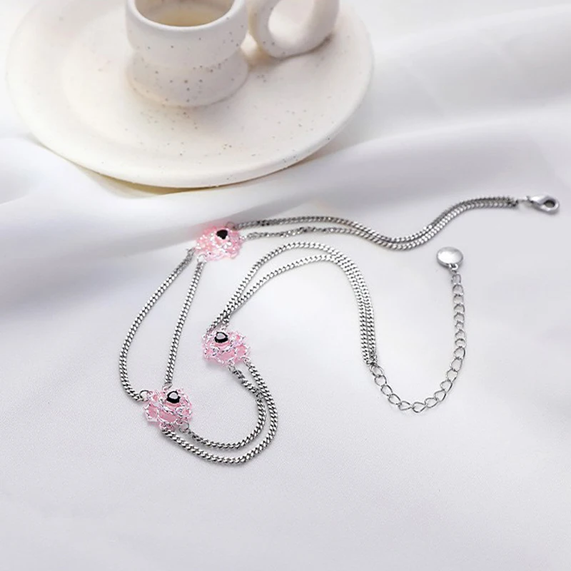 Eetit elegante rosa Glas doppels chichtige Stapel kette Halskette für Frauen Charme schicke Mode Hals Schmuck Accessoires бижутерия