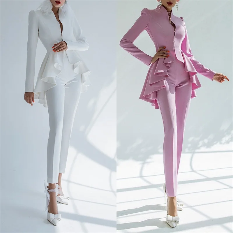 Designer Vrouwen Suits Pant Set Blazer + Hoge Taille Broek Wedding Tuxedo Prom Jurk Ruches Tiered Formele Party Gown Custom gemaakt