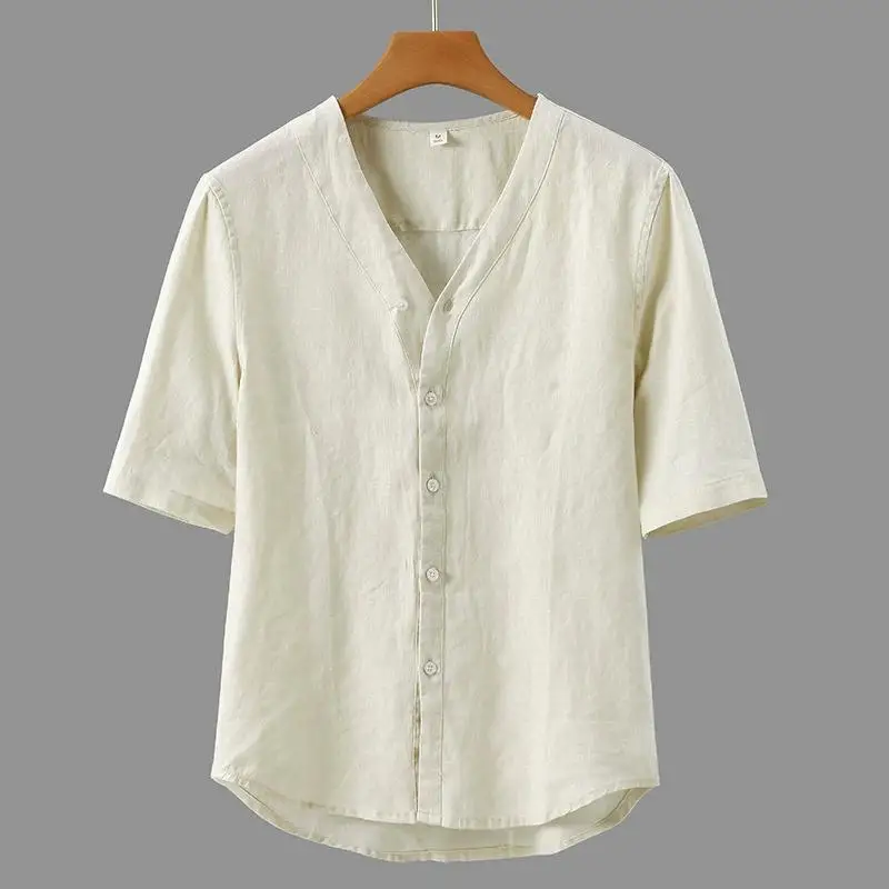 

Мужские рубашки с V-образным вырезом и короткими рукавами, 100% лен, однотонные, повседневные, летние, качественные, дышащие, свободного кроя, для джентльменов, Camisas De Hombre