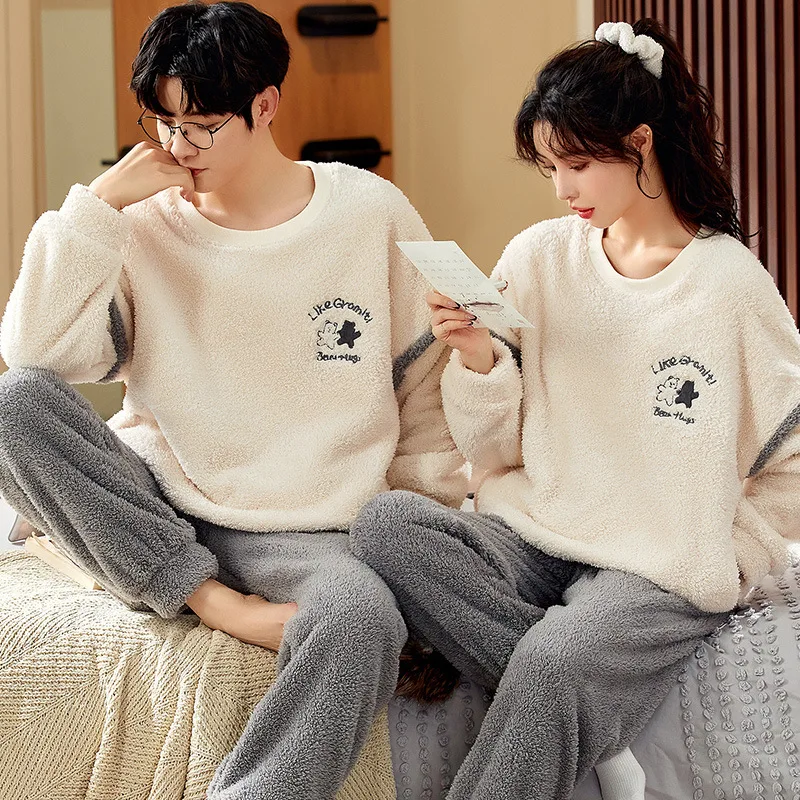 Winter Couple Pajamas Set Women Men Plush Soft Thicken Pyjamas Sleepwear Korean Loose Homewear Cartoon Bear Pyjamas Suit