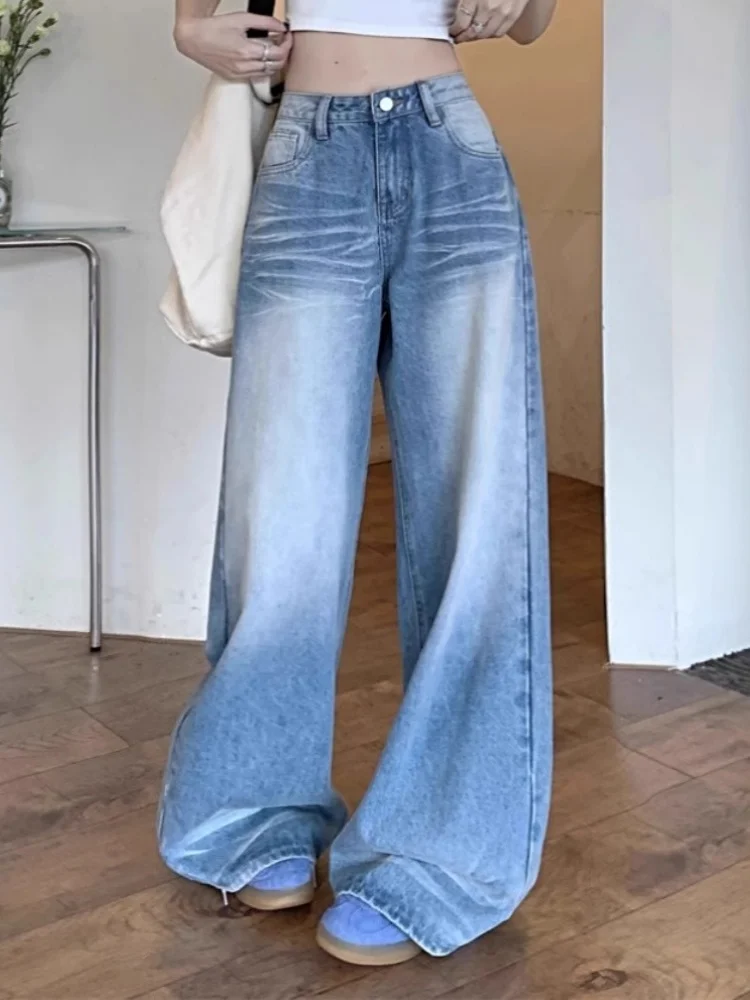 

Retro Faded Wide Leg Denim Jeans High Waist Loose Floor-Length Straight Leg Long Pants for Women Winter Season Casual Wear