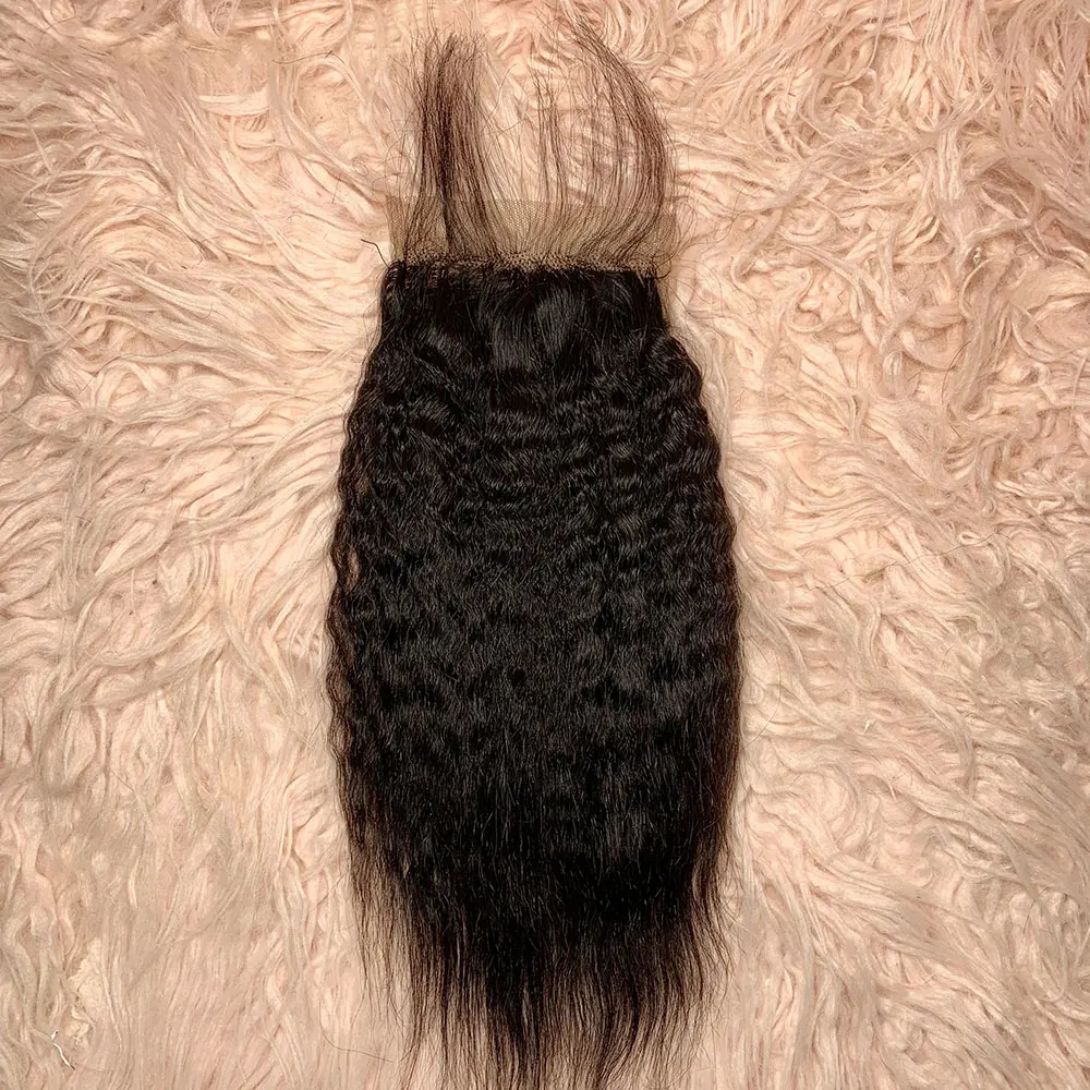 Cheap Kinky Straight Lace Closure Only Natural Black 4x4 12Inch Yaki Straight Curl 100% Brazilian Lace Closure Only for Women