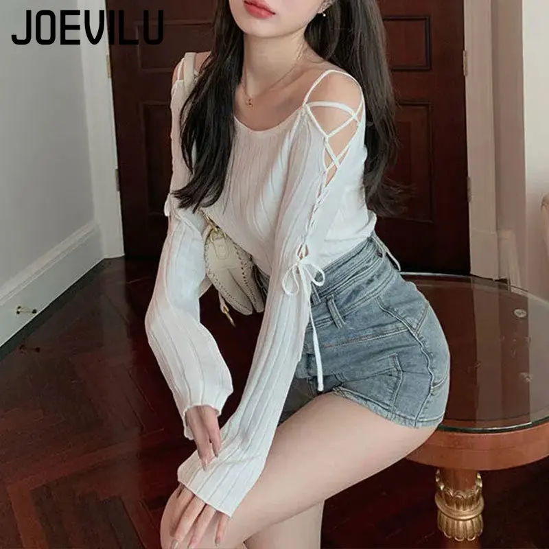 Bandage Long Sleeve Knitted Shirt Women\'s Off Shoulder Sexy Tops Slim Chic T-shirt Spring and Autumn Pullover Solid Y2k Sweater