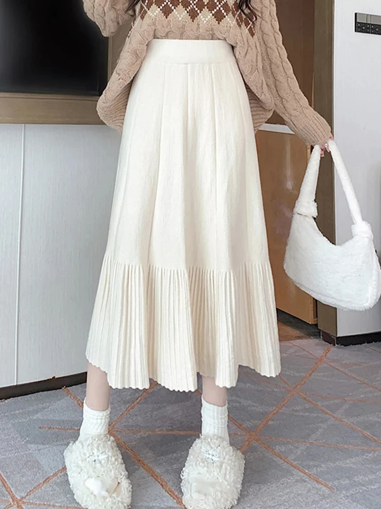 

Autumn Winter Long Skirts Women Korean Fashion Preppy Style Knitted Skirt Female Casual Loose High Waist A Line Pleated Skirt