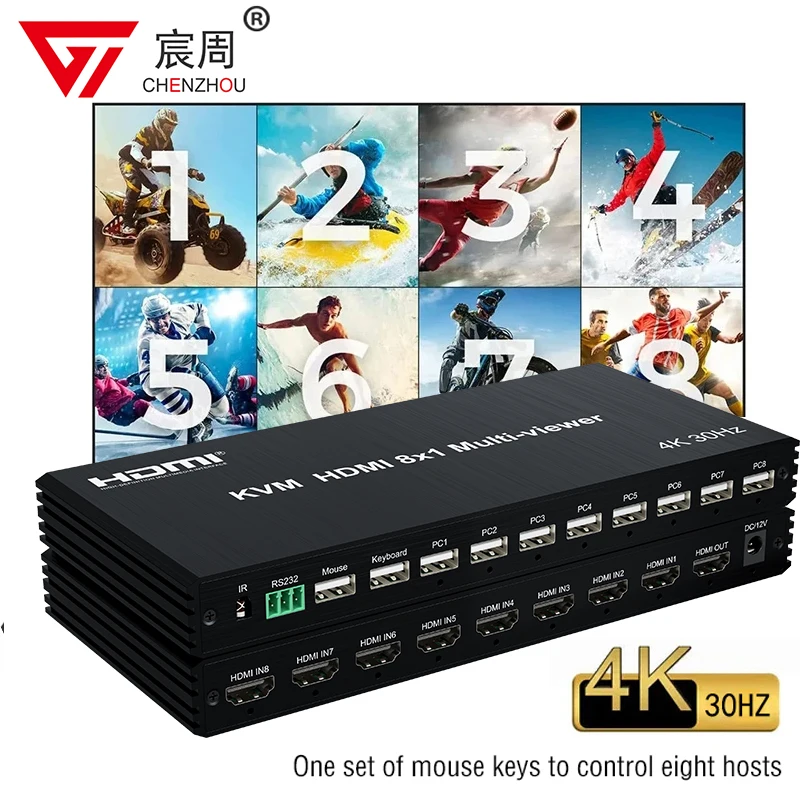 4K HDMI KVM Multiviewer Switch 8 in 1 Out KVM HDMI USB ekran Multi Viewer bezszwowy multiplekser 8x1 do 8 PC udostępniania myszy