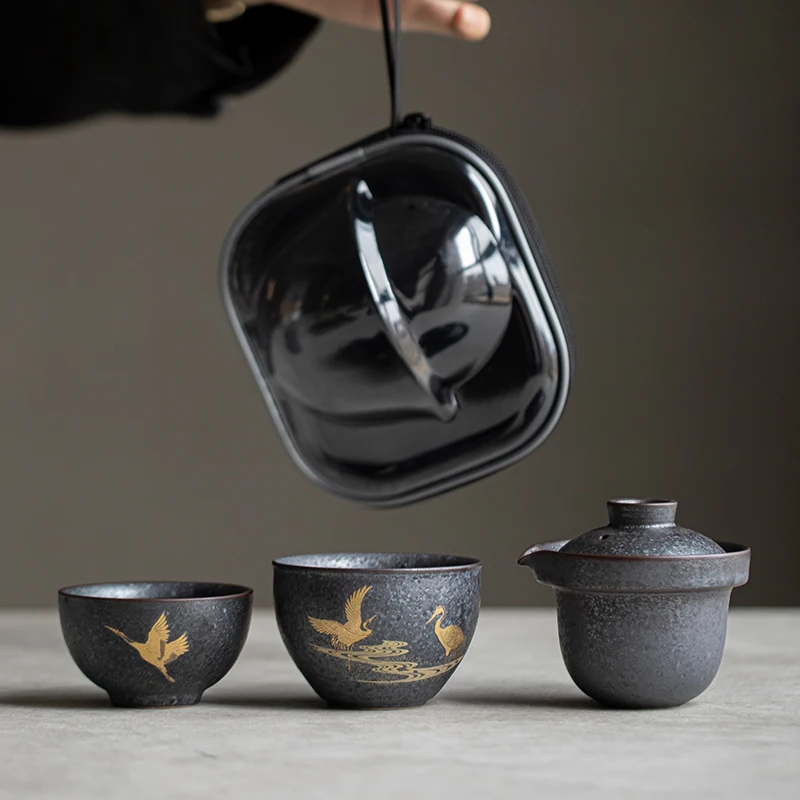 Crane Teapot and Tea Cup Set Kit Household  Making Travel Set Outdoor Portable Bag Chinese Set Supplies 1 Bowl 2 Cup