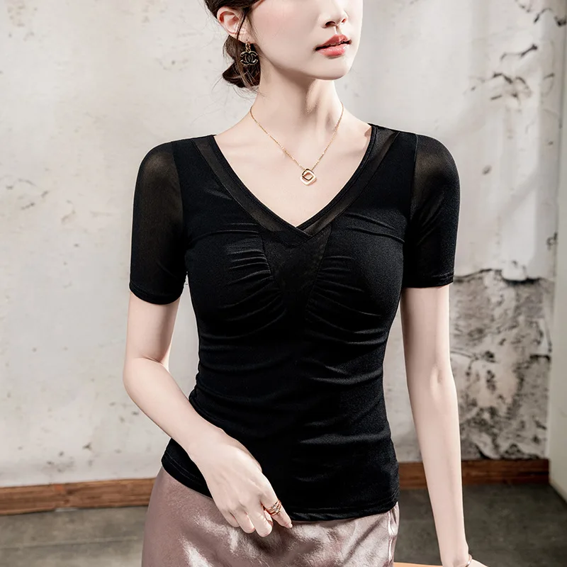 MadBlack-Women's European T-Shirt, Sexy V Neck Folds Patchwork, Streetwear Half Sleeve Slim Mesh S-3XL Tee, 2025 Summer T56279CC