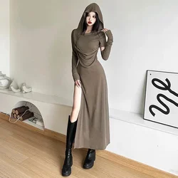 Hooded Dress Black Khaki Long Dress Split Off Shoulder Sleeveless Outer Sleeve Gothic  Summer Slim Women Vestido Clubwear