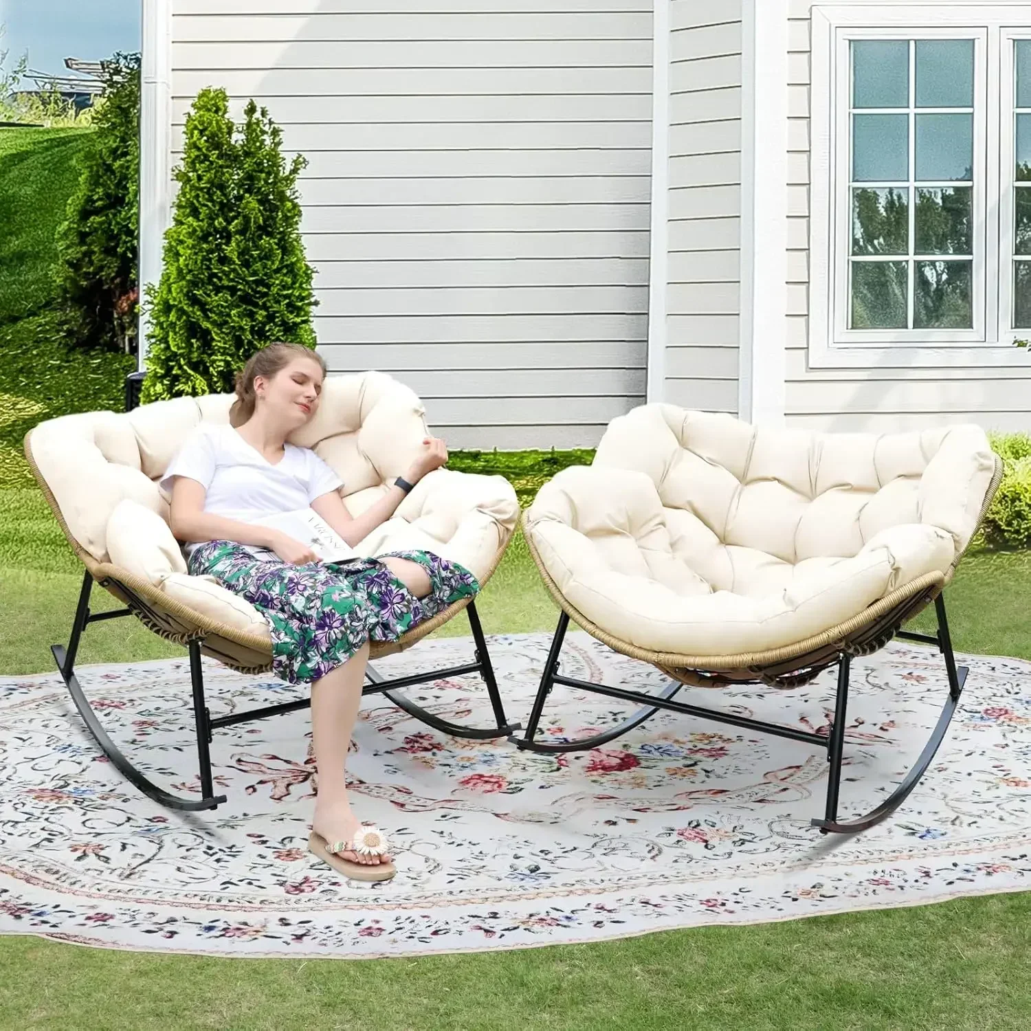 

Hot salesndoor Outdoor Rocking Chair with Cushion, Oversized Patio Papasan Rocking Chair