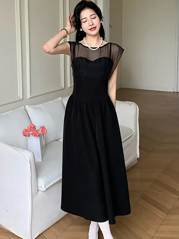 Women Korean Vintage Hepburn Luxury Dress Summer Black Patchwork Mesh Sheer Sexy Dress 2024 Elegant Bodycon Chic One Piece Dress