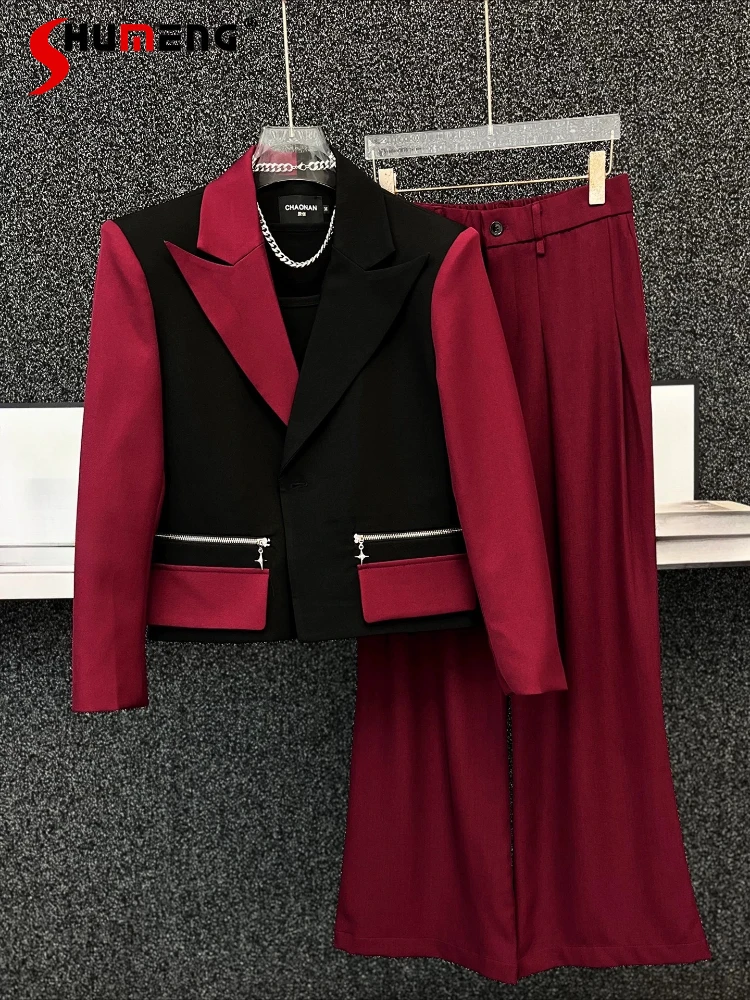 

Men's 2026 Spring Autumn New Fashion Pants Sets Handsome Personalized High Street Blazers High-end Contrast Color Splicing 2pcs