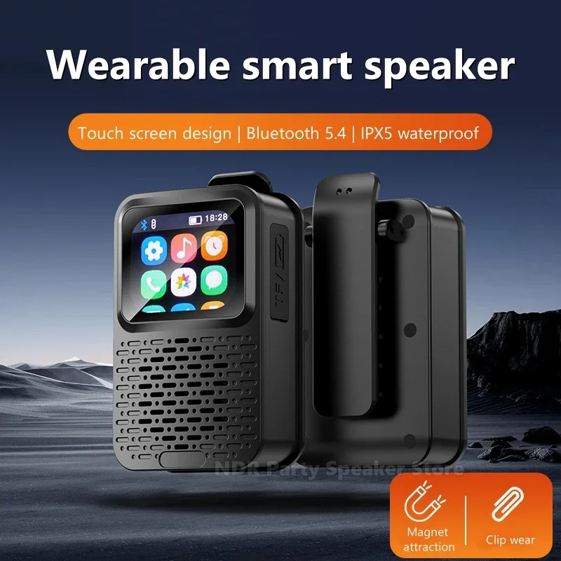 محمول صغير لاسلكي يعمل باللمس شاشة ذكية مشبك خلفي مكبرات صوت مغناطيسية للهاتف المحمول مع مشغل فتحة للبطاقات TF بلوتوث 5.4