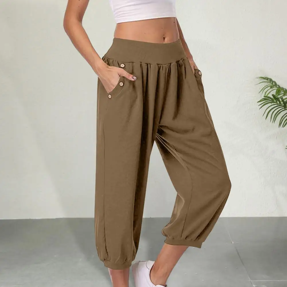 

Women Cropped Pants Stylish Women's Harem Pants with Elastic High Waist Button Decor Pockets Loose Fit Design Trendy for Wear