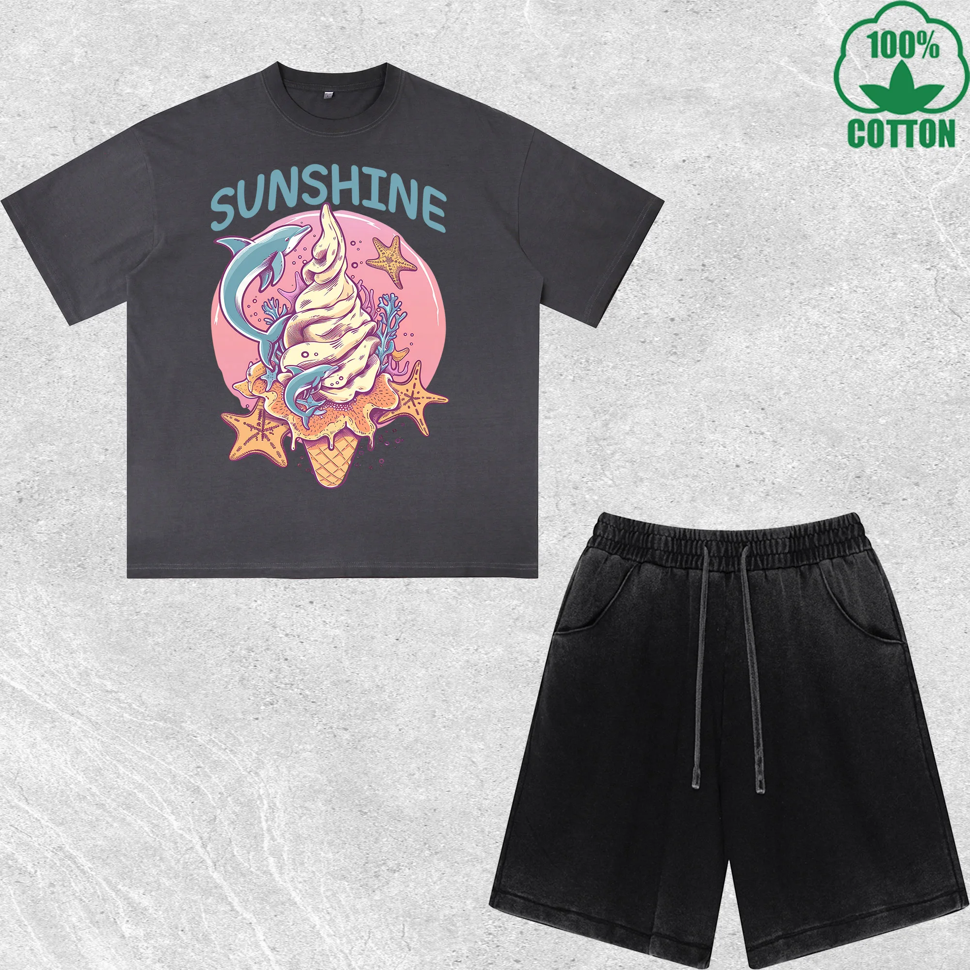 

Sunshine Printed Dirty Wash T-Shirt Shorts Set Multicolor Combo Loose Trendy Fashionable 100%Cotton