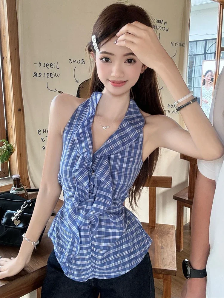 V Neck Ruffles Plaid Tanks Women Sexy Backless Bow Slim Vintage Tanks Tops Summer Korean Casual Halter Elegant Retro Tanks