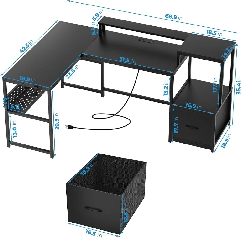 L Shaped Mesa do Computador com Gavetas, Prateleira Monitor, Suporte de Impressora, Tomada, Casa, Escritório de Trabalho, Escrita, 69"