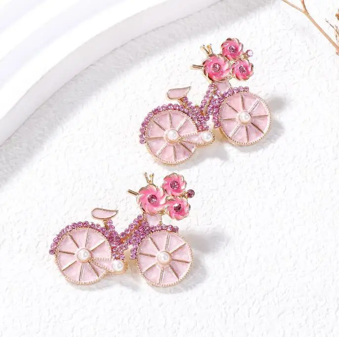 New pink bicycle brooch factory wholesale high-end chest flower European and American cross-border retro rhinestone brooch