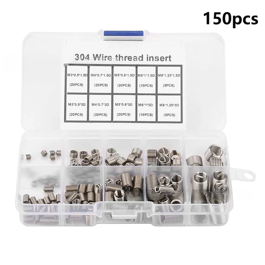 150Pcs Boxed 304 Stainless Steel Wire Thread Insert Thread Repair Sleeve M3-M8 Set