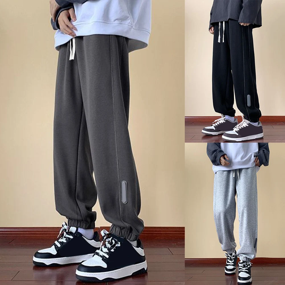 Mens Straight Pants Loose Pockets Trendy Sweatpants Elastic Waist Sports Cuffs