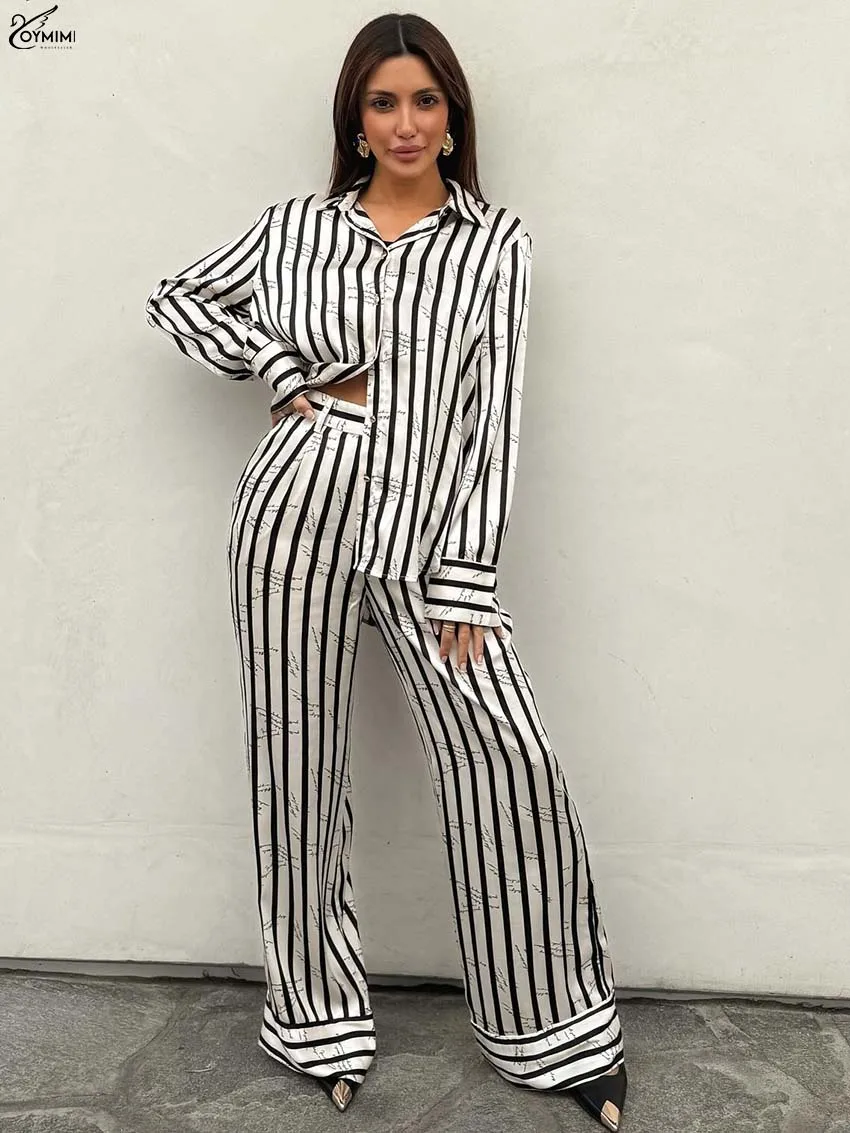 

Oymimi Elegant White Print 2 Piece Sets Woman Outfit Fashion Long Sleeve Single Breasted Shirts And High Waist Pockets Pants Set