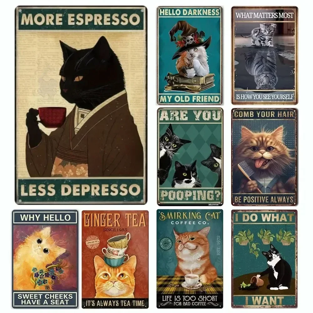 Retro Metal Tin Sign, More Espresso Less Depresso Poster Drinking Poster Coffee Lover Gift Funny Black Cat Wall Art