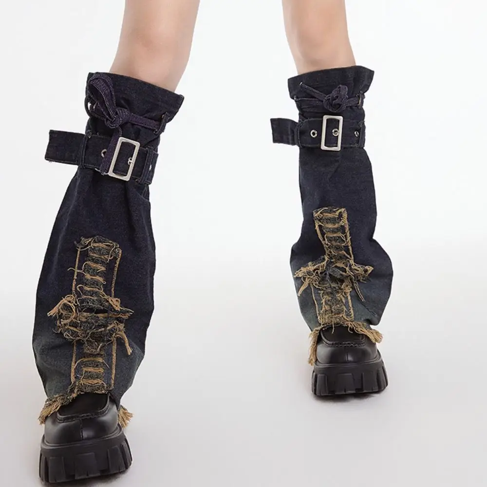 

Color Gradient Cross Y2K Denim Leggings Star Bell-bottoms Band Belt Leg Warmers Warm Knee High Women's Stockings Autumn