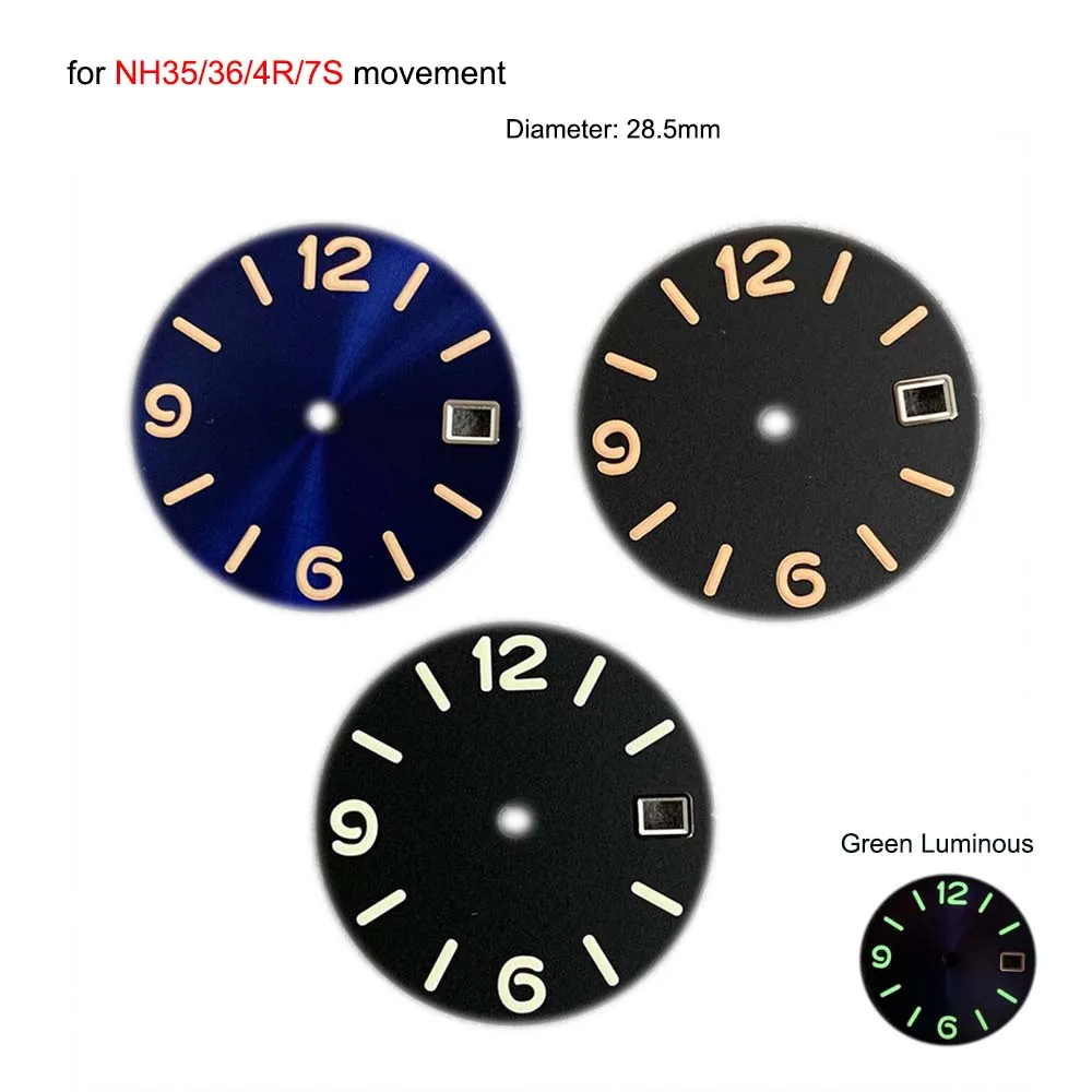 28.5MM Green Luminous Watch Dial for NH35/NH36/4R/7S Movement Modified Digital Dials Watches Accessories