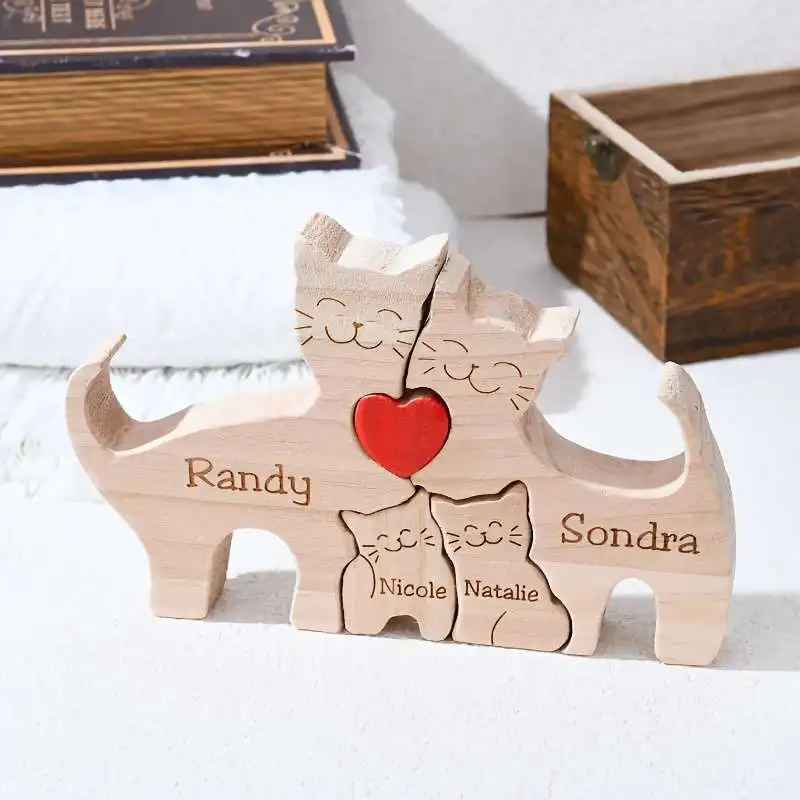 Wooden Cat Family Puzzle for Couples, Personalized 2-6 Wooden Cat Puzzle, Animal Family Home Decor, Gift For Anniversary Gift