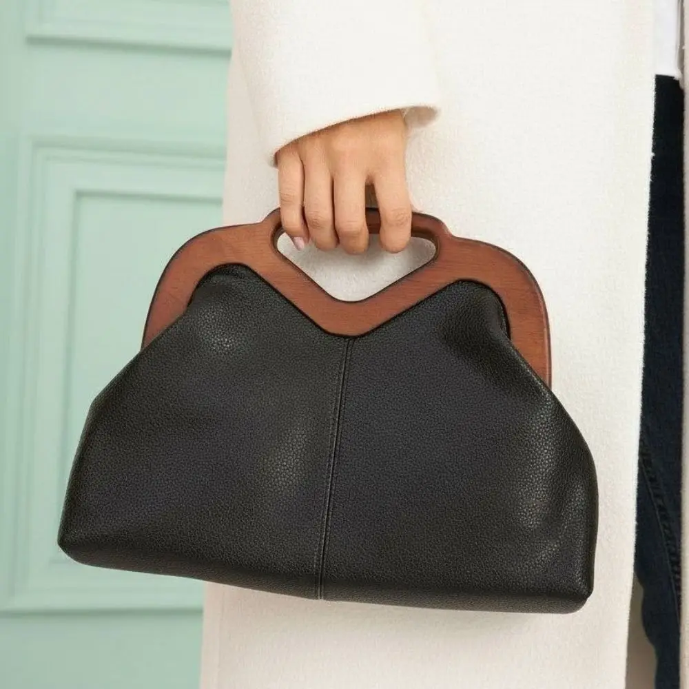 Soft PU Leather Wooden Handle Clutch Bag Removable Shoulder Strap Detachable Strap Wood Top Handle Handbag Handheld