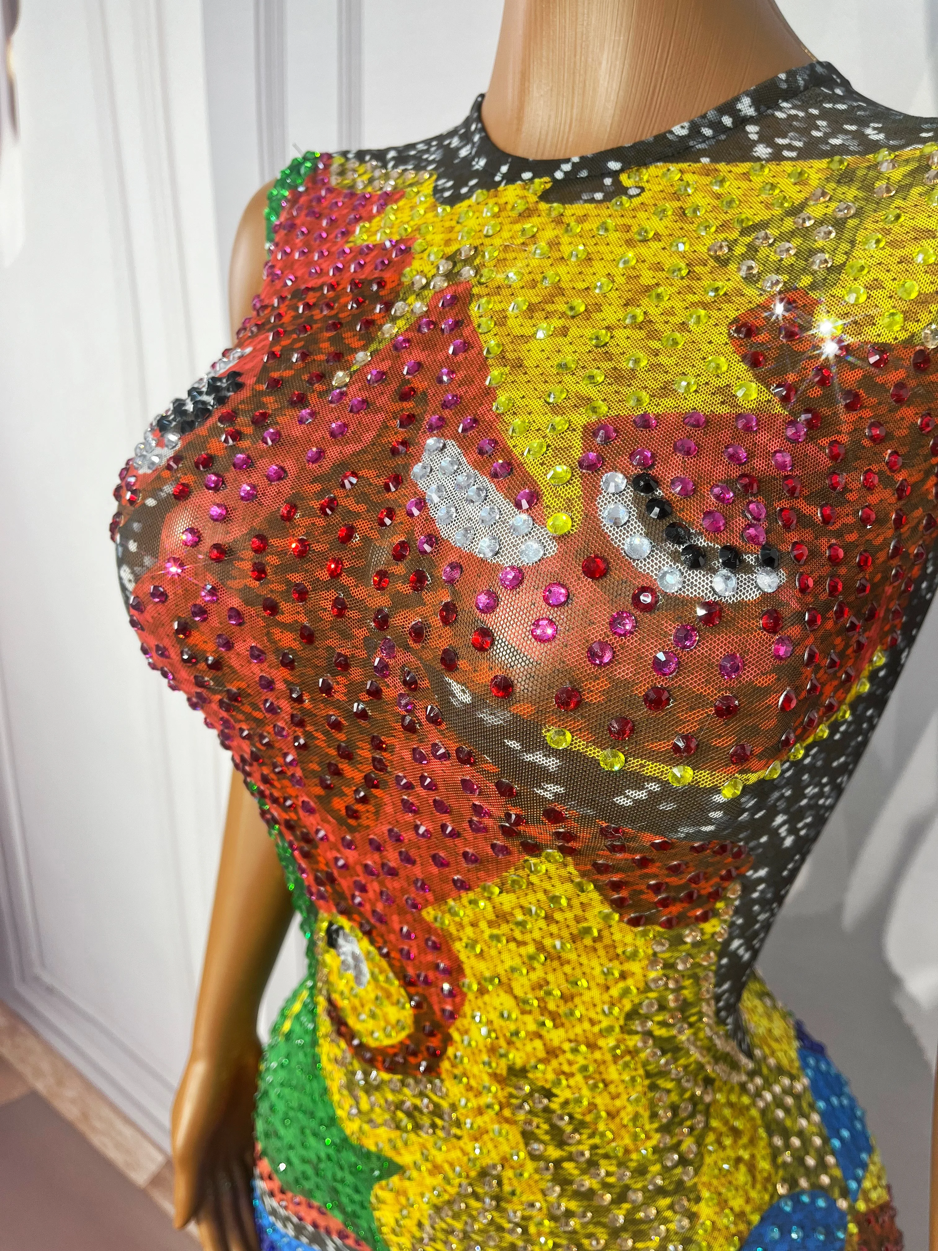 Twinkling Full Colorful Rhinestones Trim fit Mesh Dress Evening Party Celebrate Gown Red carpet Show Fashion Outfit Wangqianye view 4