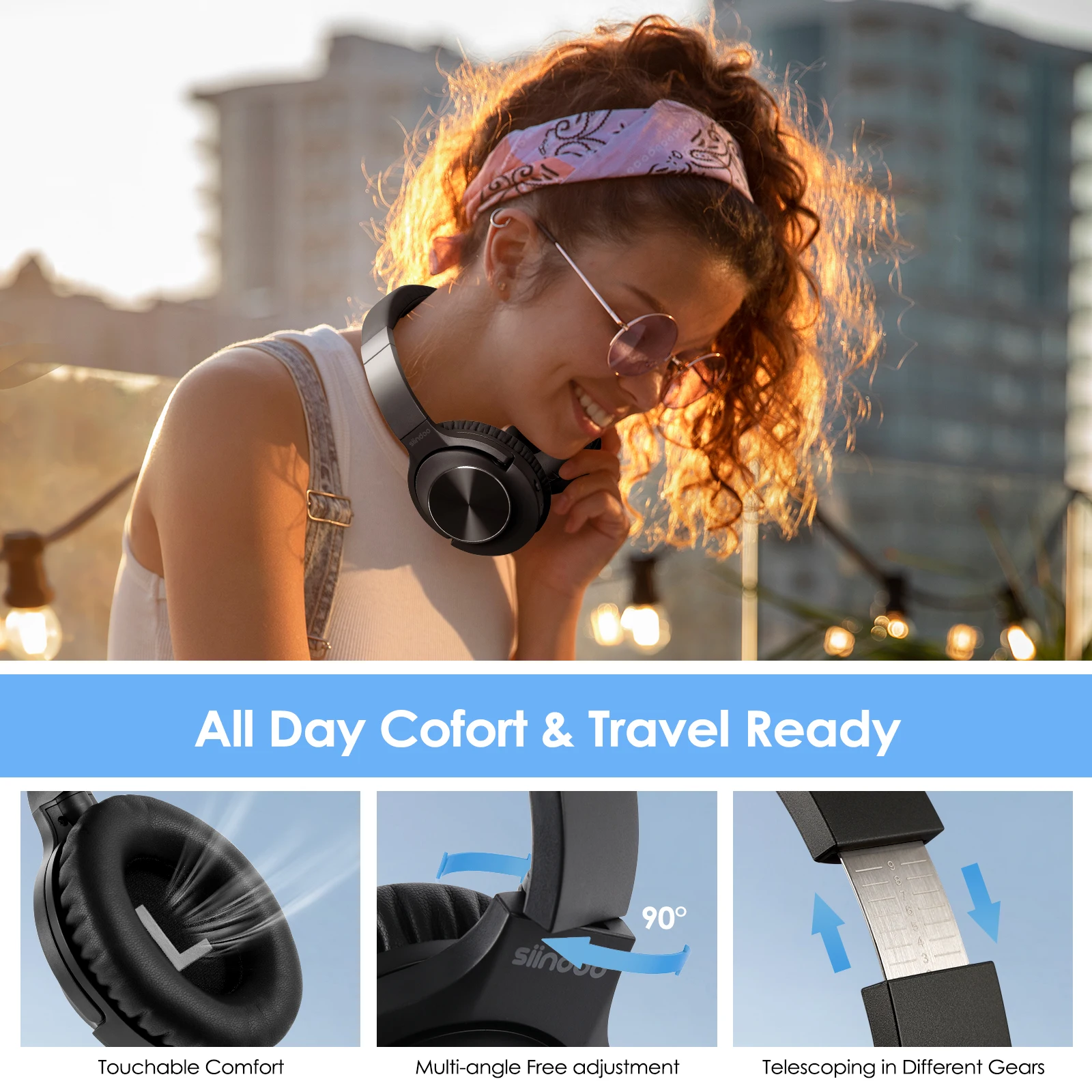 Siindoo Active Noise Cancelling Headphones, Wireless Over Ear Bluetooth 5.3 Headset, 65 Hrs Playback, Deep Bass, Built-in Mic